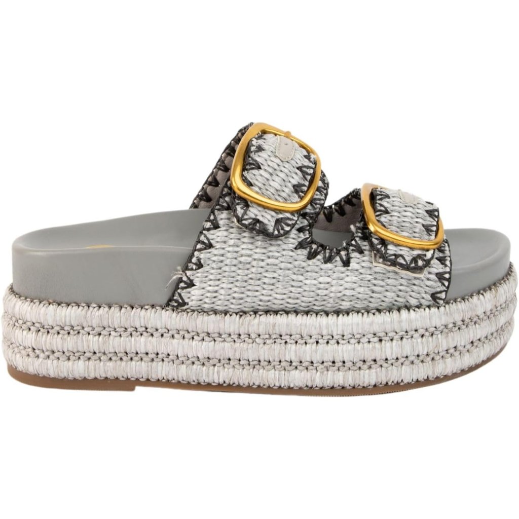Women's Grey Double Buckle Espadrille Wedges Metallic Woven Design Sandals